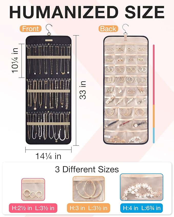 BAGSMART Hanging Jewelry Organizer Storage Roll with Hanger Metal Hooks Double-Sided Jewelry Holder for Earrings, Necklaces, Rings on Closet, Wall, Door, 1 piece, Large, Black