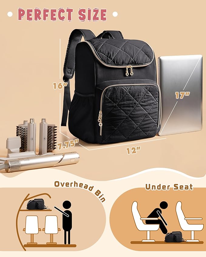 Insulated Hairstylist Travel Bag Backpack with Detachable Dividers and Multiple Pockets, Quilted Hair Tool Travel Bag with Multiple Pockets for Hairstylist and Barber, Black