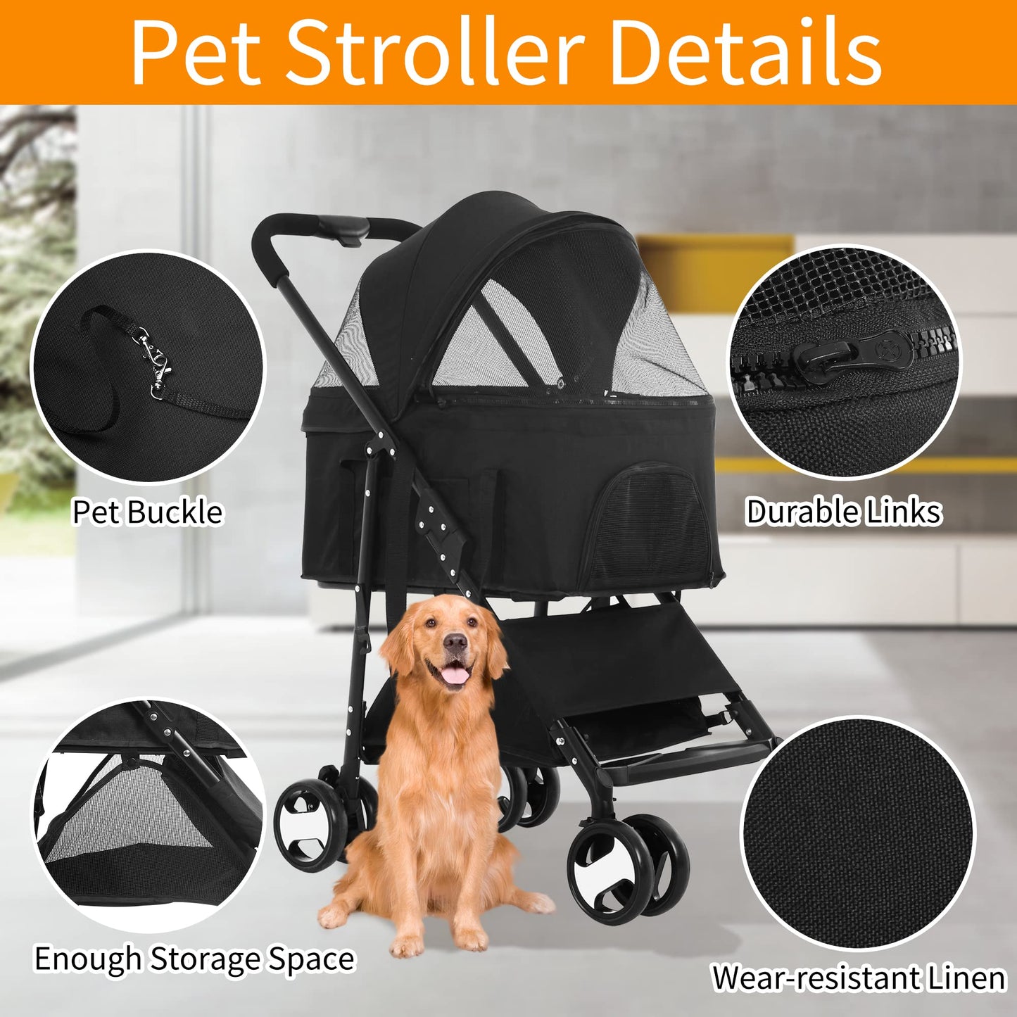 BLKMTY Dog Stroller 3-in-1 Folding Pet Stroller 4 Wheels Cat Strollers w/Storage Basket Dog Carrier Trolley One-Button Switch Travel Strollers with Safety Belt Detachable Carrier, Black