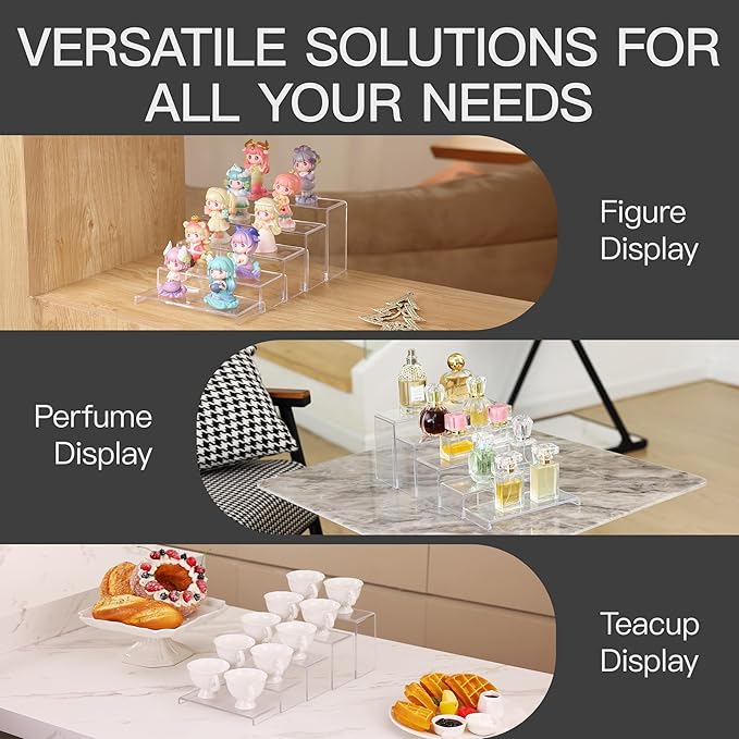 ANDGOO 10 Pack Acrylic Display Risers, 2 Set(7Ã¢ÂÂL~8Ã¢ÂÂL~9Ã¢ÂÂL) Perfume Stand Organizer, Easy to Store Clear Cupcake Stand, Display Risers for Retail Stores Special Events Exhibitions Home Decoration