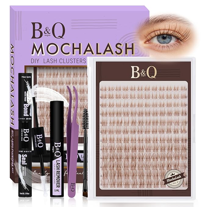 B&Q Brown Lash Clusters Kit Natural Mochalash Clusters 06, Wispy Eyelash Clusters Kit C-Curl Cluster Eyelash Extensions 8-16mm Brown Lash Eyelashes Kit for Fair/Dark Hair(Mochalash 06 Set)