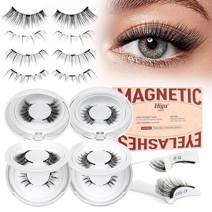 Higu clace Magnetic Eyelashes 4Pairs Magnetic Eyelashes with Applicator Soft Magnetic Lashes Natural Look Wispy Magnet Lashes Without Eyeliner Easy to Wear and Remove(DJCX-B06Ã¯Â¼Â