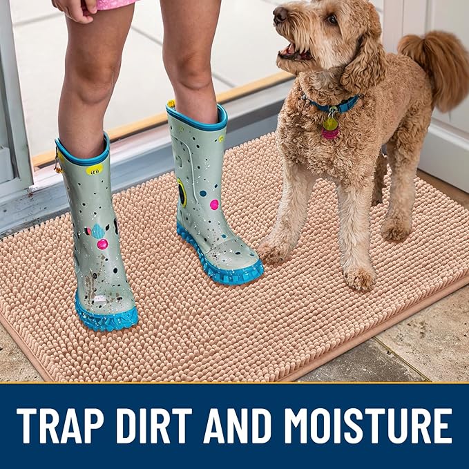 Smiry Dog Door Mat for Muddy Paws 48x30, Absorbs Moisture and Dirt Doormat, Non-Slip Washable Quick Dry Chenille Front Door Mat Indoor Entrance, Entryway Carpet for Inside Floor, Peach
