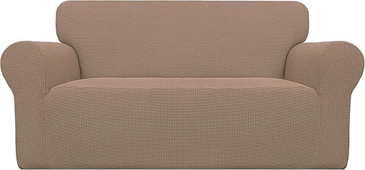 Easy-Going Stretch Loveseat Slipcover 1-Piece Sofa Cover Furniture Protector Couch Soft with Elastic Bottom for Kids Polyester Spandex Jacquard Fabric Small Checks (Loveseat, Camel)