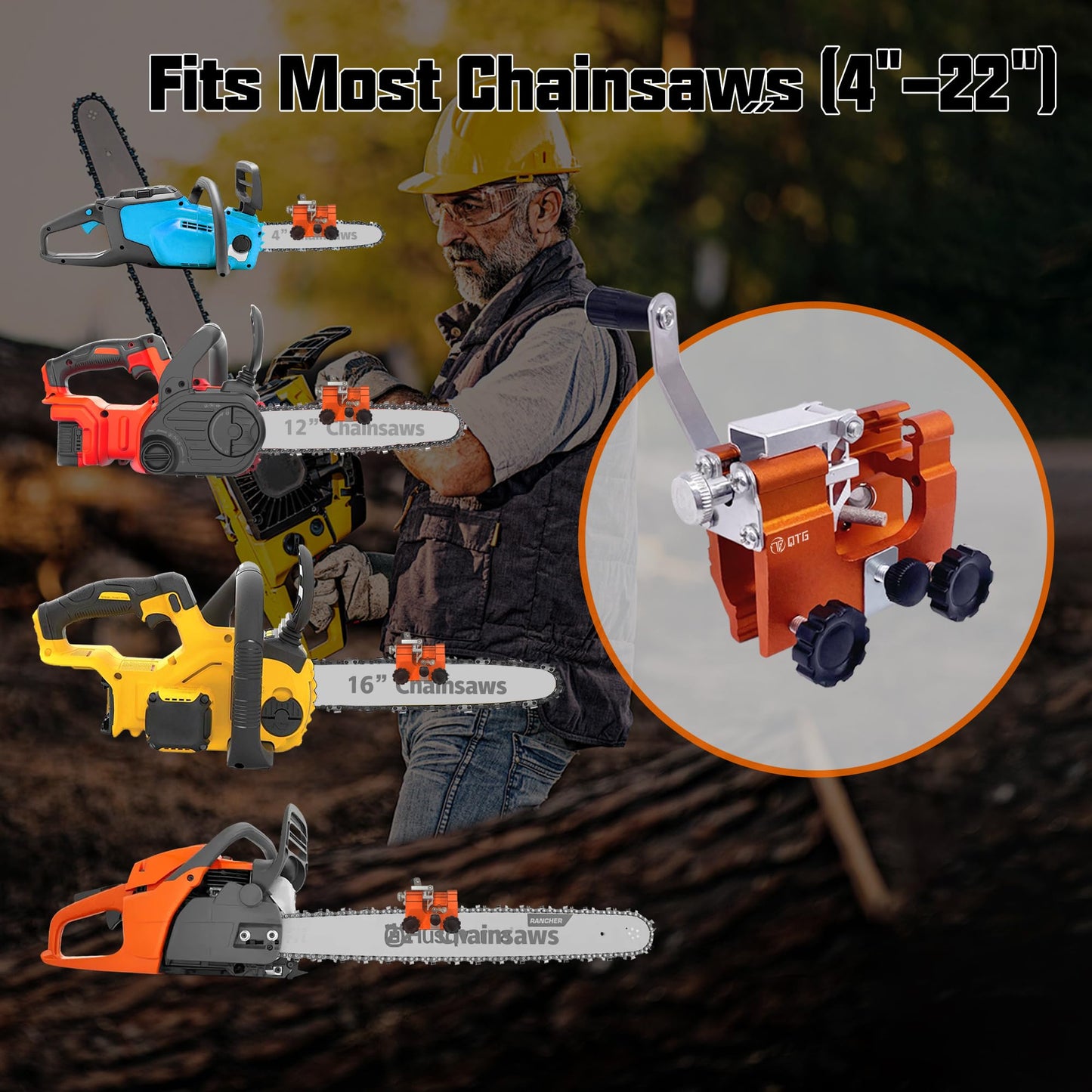 QTG Manual Chainsaw Sharpener,Chain Sharpener,Chain Saw Sharpener Portable Hand Crank Chain Sharpening Tool with Durable Clamp - Easy to Use & Accurate Chain Grinder Set for All Standard Chainsaws