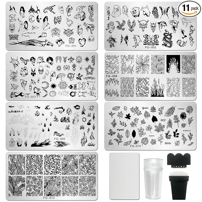 AddFavor Nail Stamper Kit 7pcs Nail Stamping Plates Flower Animal Flame Leaves Image Nail Stencils with 2 Stamp and 2 Scraper for Home Salon Manicure Design Supplies Tools