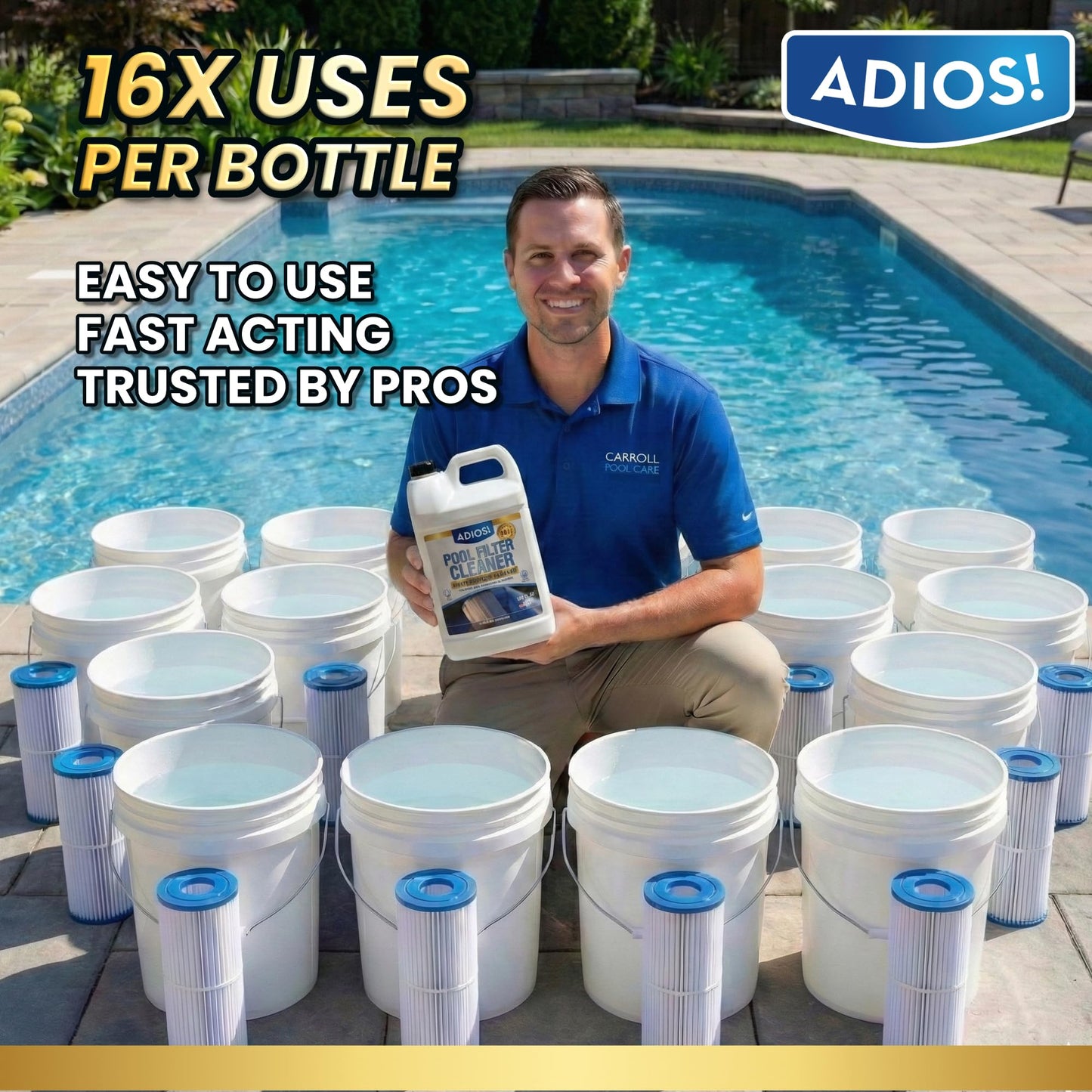 ADIOS! Pool Filter Cleaner, Deep Cleaning Soak Solution for Cartridge, Sand and DE Filters – Degreases and Restores Media - 128oz (Gallon)