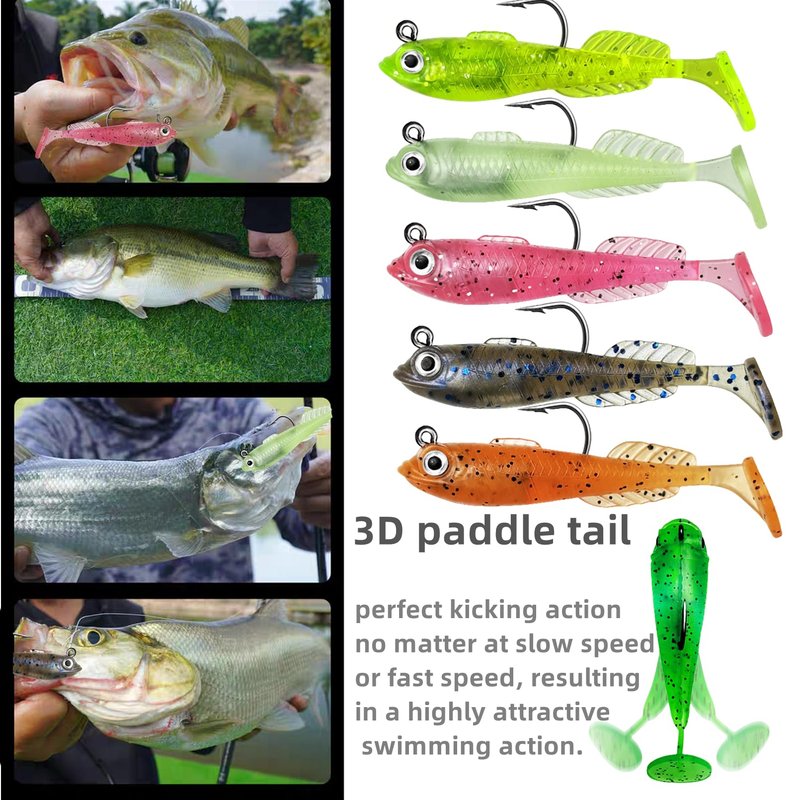 DAMIDEL 15Pcs Pre-Rigged Jig Head Soft Mini Fishing Lures，2.5"/0.25oz Paddle Tail Swimbaits/3D Eyes,Ice Fishing Jigs Lures Kit,Fishing Bait for Bass,Pike, Bluegill and Sunfish Freshwater Saltwater