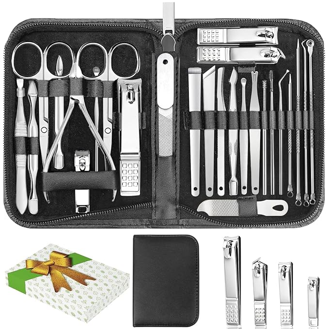 26-Piece Professional Manicure and Pedicure Kit, Nail Clippers Set, Stainless Steel Nail Care Tools with Travel Case, Silver White