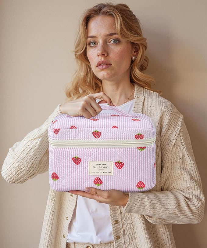 HBselect Quilted Makeup Bag, 3PCS Cotton Large Travel Makeup Bag, Cute Floral Coquette Make up Bag Cosmetic Bag Toiletry Bag for Women Girls
