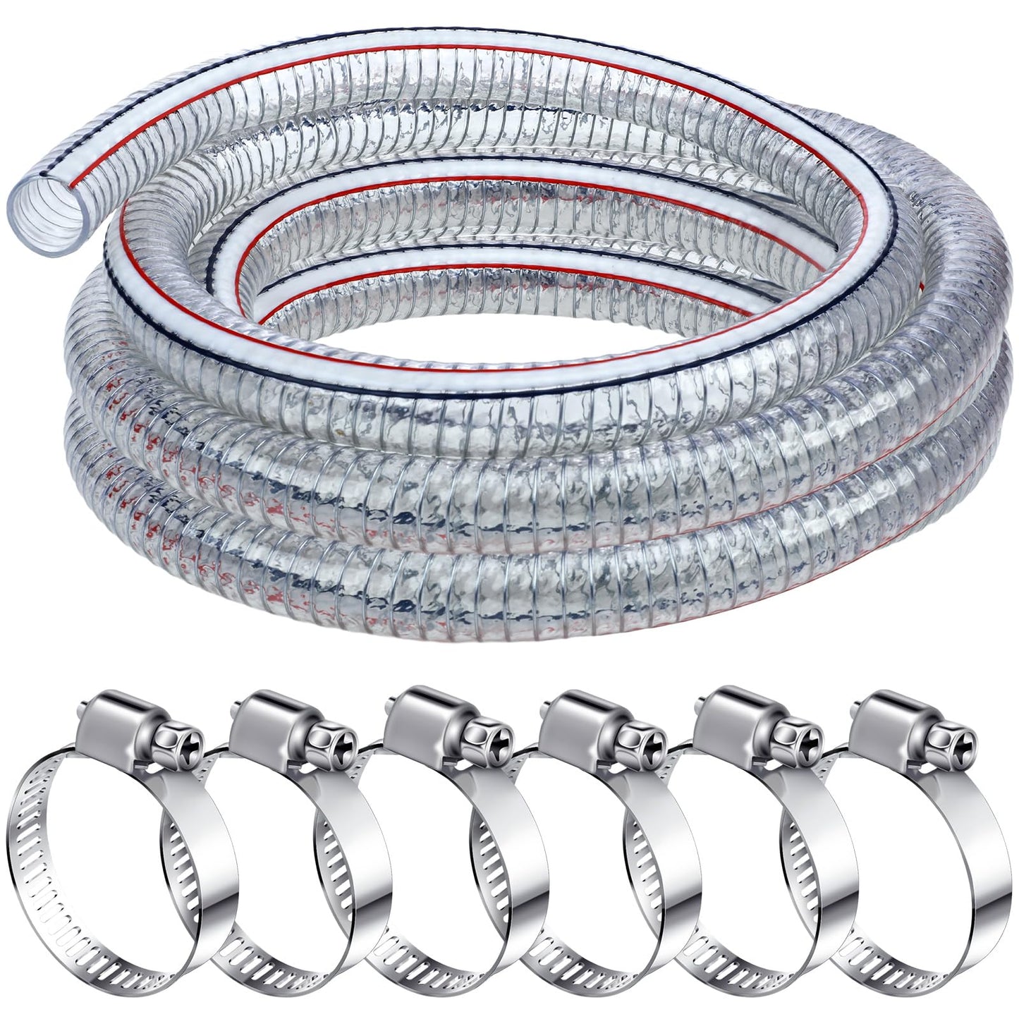 Frienda Heavy Duty Steel Wire Flexible Tubing with Fasteners PVC High Pressure Oil Drain Hose Tube Clear Wire Reinforced for Pond Marine Bilge Pump Garden Pool(10 Ft, 1-1/2 Inch Id)