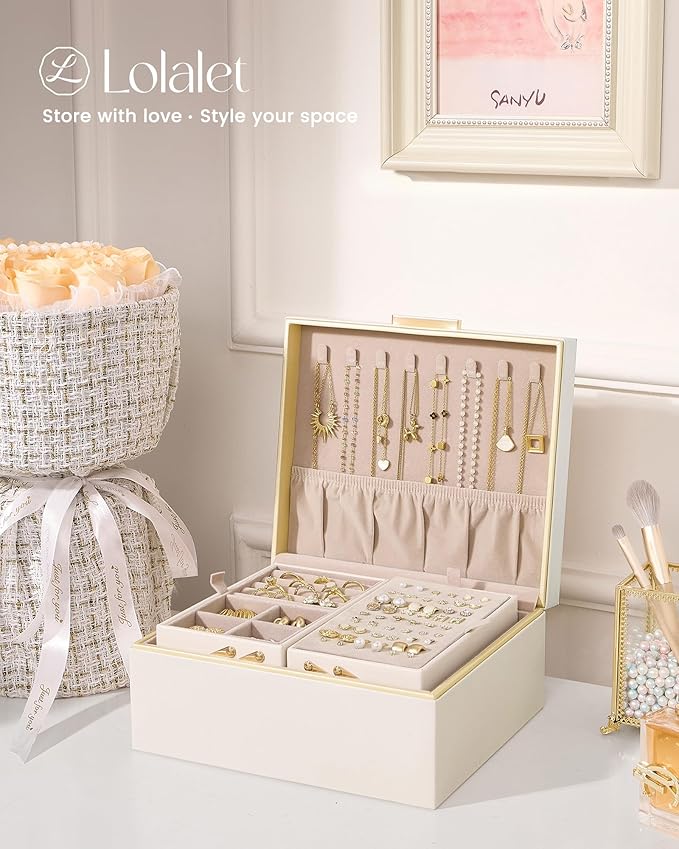 Lolalet Jewelry Box Organizer for Women Girls, 2 Layer Jewelry Organizers and Storage for Necklace Earrings Rings Bracelets, Large Jewellery Holder Case Birthday Valentine Gifts -Cream