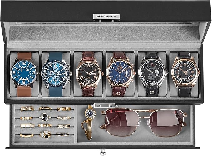 SONGMICS Watch Box, 6-Slot Watch Case Organizer with Large Glass Lid, 2 Layers, Removable Pillows, Metal Lock, Gift for Loved Ones, Black Synthetic Leather, Gray Lining UJWB060G01