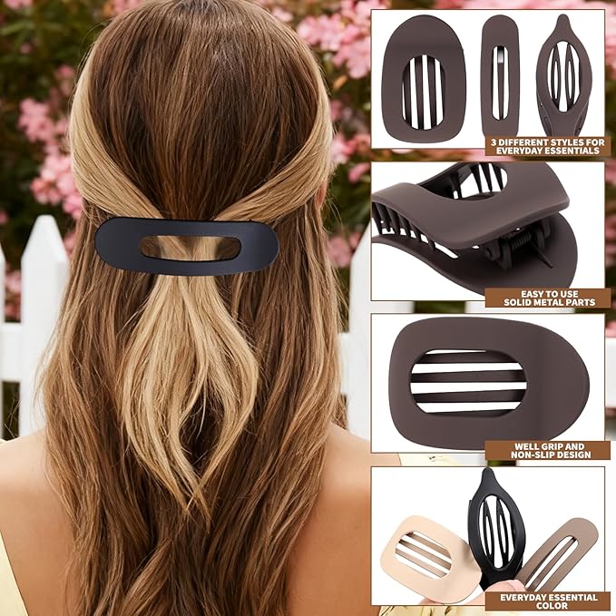 12 Pack Flat Hair Clips for Women-3 Styles Matte Neutral Flat Claw Clips, Black, Blonde,Light Brown & Dark Brown, French Duckbill Styling Accessories (Matte Neutral-4)