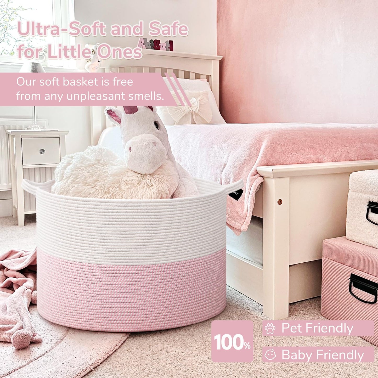INDRESSME 115L Extra Large Pink Laundry Basket for Nursery Stuffed Animal Storage, Blanket Rope Baby Baskets Kids Toy Organizer Dorm Room Essentials for Girls, Pink