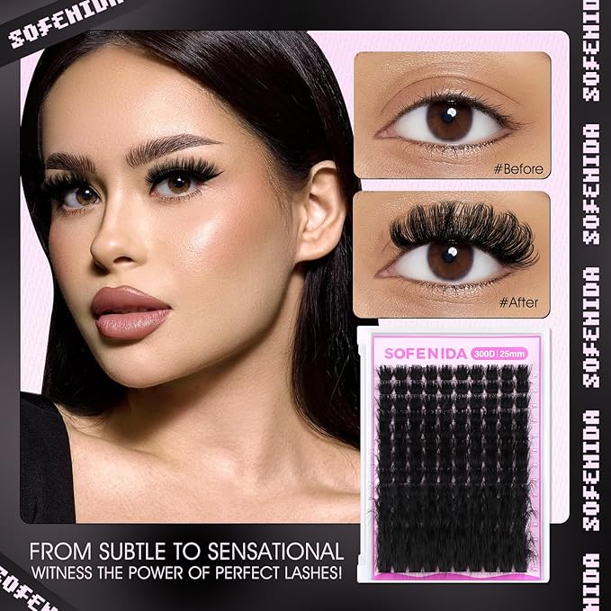 Lash Clusters 300D Volume Lash Clusters 12-25mm Long Volume Cluster Eyelash Extensions D Curvature Waterproof Eyelash Clusters Individual Cluster Lashes Soft Wispy DIY Lash Extension by Sofenida
