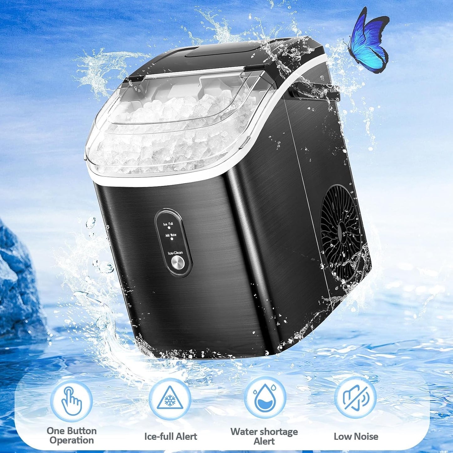 Nugget Countertop Ice Maker with Soft Chewable Pellet Ice, Pebble Portable Ice Machine, 34Lbs/24H, Self-Cleaning, Sonic Ice Maker, One Button Operation, for Kitchen,Office Stainless Steel Silver