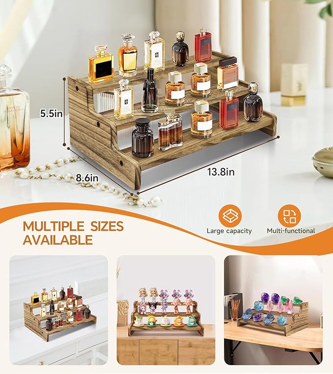 Wooden Cologne Organizer for Men, Perfume Organizer Stand, Cologne Stand with Anti-Slip Washers, Wooden Display Risers Stand for Dessert, Cupcake, Charcoal-Grilled, 3-tier-13.8in