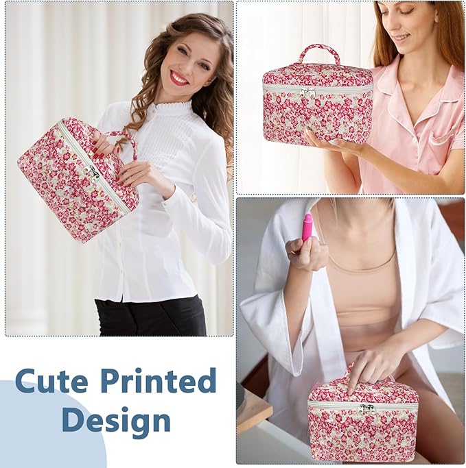 Gosect 1pc Large Makeup Bag, Cute Cosmetic Bag for Women Girls, Floral Coquette Aesthetic Toiletry Bag, Travel Make Up Organizer Bag (Red Small Flower