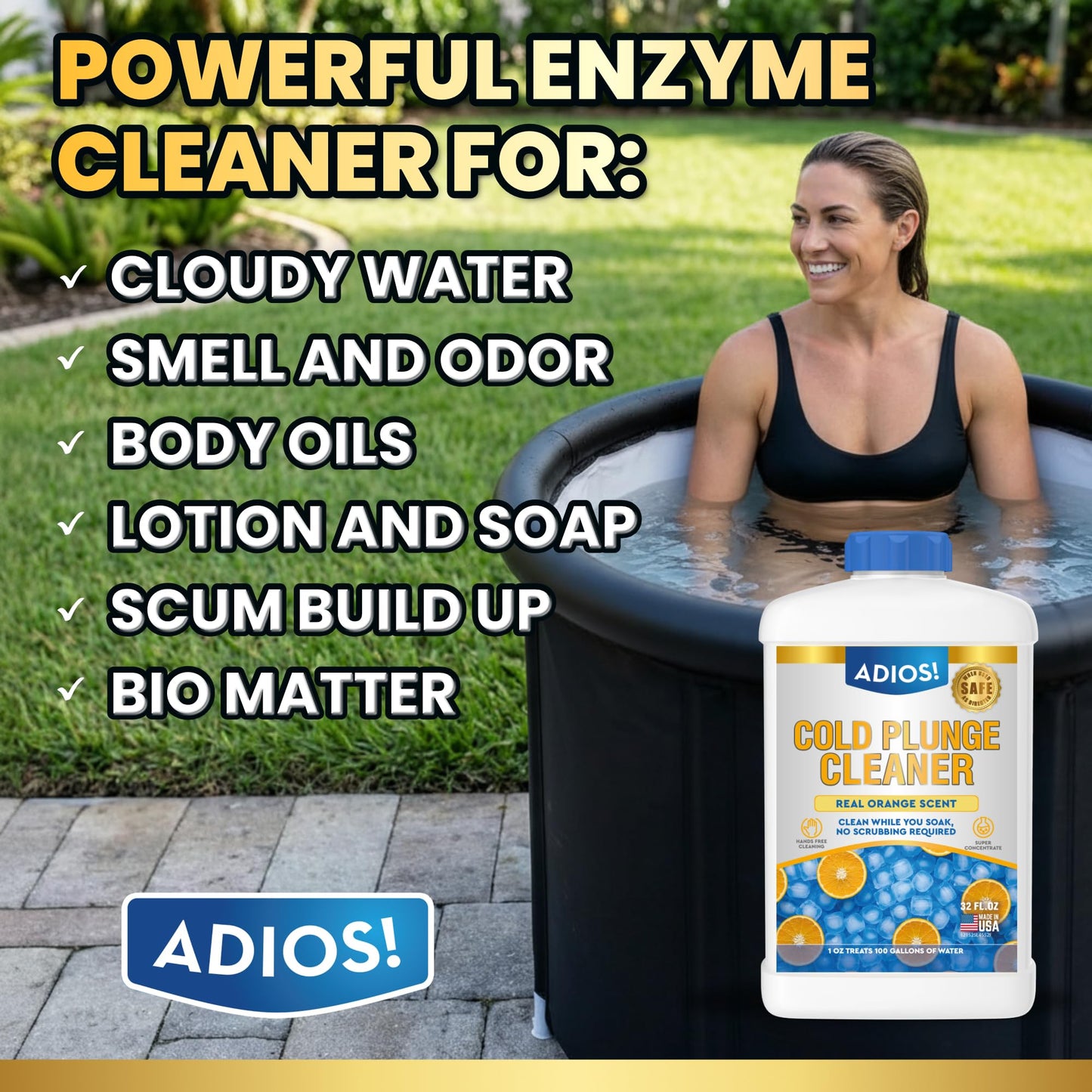 Adios! Cold Plunge Water Treatment Stabilizer with Enzymes and Citrus - Cleans and Deodorizes Ice Baths, Pods and Tubs for a Refreshing Recovery (32oz)