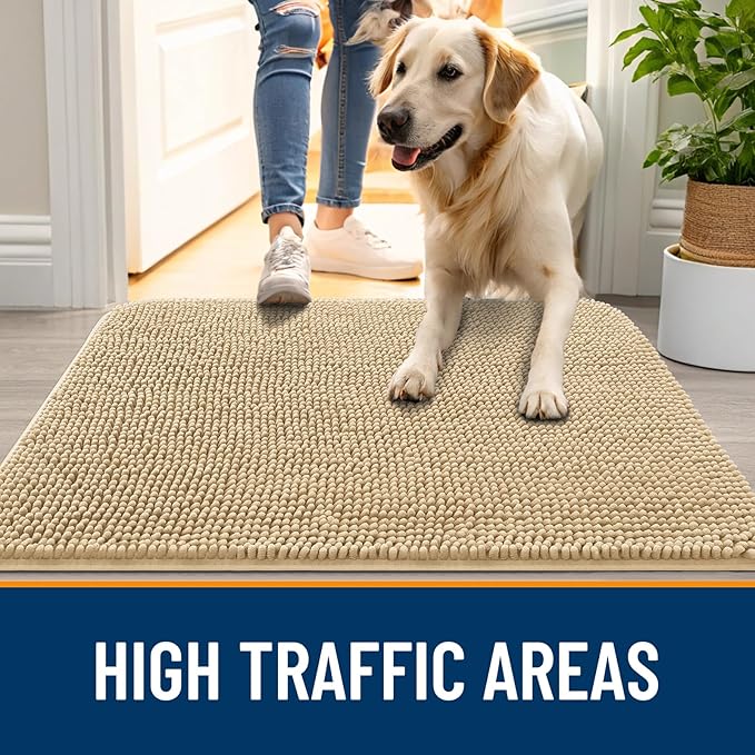 OLANLY Dog Door Mat for Muddy Paws 32x20, Absorbs Moisture and Dirt, Absorbent Non-Slip Washable Doormat, Quick Dry Chenille Mud Mat for Dogs, Entry Indoor Entryway Carpet for Inside Floor, Beige