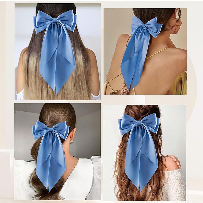 6Pcs Large Bows Hair Clips for Women Girls Long Tail Hair Ribbon Silky Satin Barrettes Coquette Hair Bows Accessories (Light Blue)