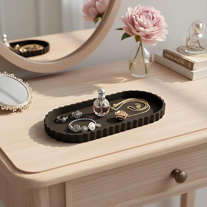 Black Oval Silicone Bathroom Vanity Tray - Decorative Soap Holder, Countertop Organizer for Kitchen/Bathroom/Coffee Table - Storage for Candle, Perfume, Jewelry Decor,Small Plant & Toiletries