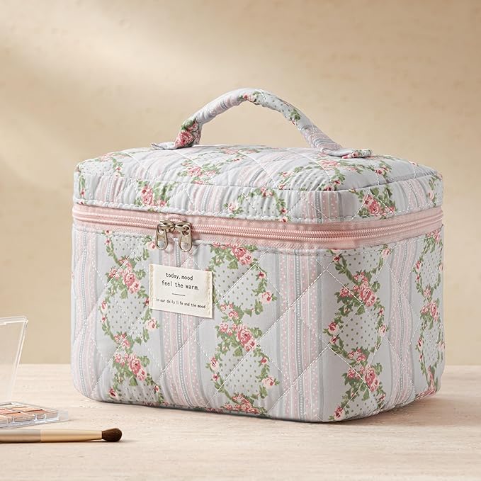 HBselect Quilted Makeup Bag, 3PCS Cotton Large Travel Makeup Bag, Cute Floral Coquette Make up Bag Cosmetic Bag Toiletry Bag for Women Girls