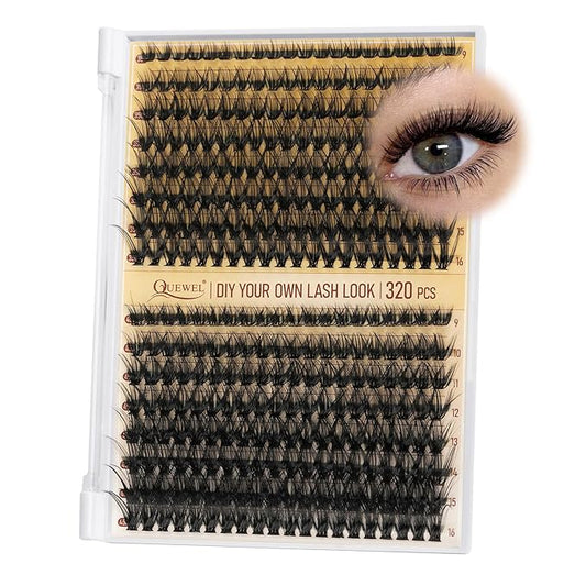 QUEWEL Lash Clusters 320Pcs Cluster Lashes 35D+45D C Curl Lash Cluster Eyelash Extensions Mix9-16mm Individual Eyelashes Clusters Wispy Lash Clusters Thin Band Soft to Use at Home(35D+45D C Mix9-16)