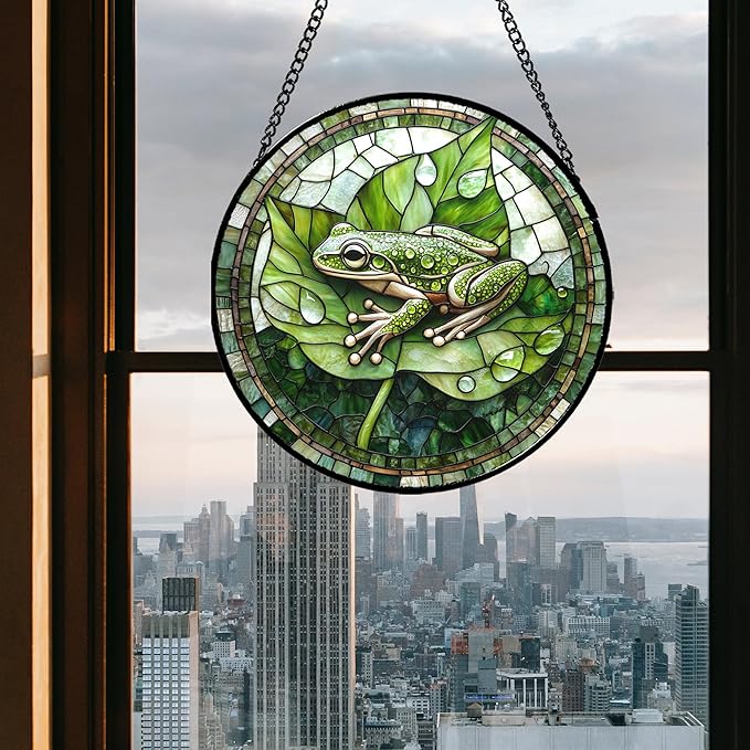 CRISGIF Stained Glass Window Hanging - Cute Frog Suncatcher for Doors Garden Patio Green Leaves Sun Catchers Decor Christmas Mother's Day Birthday Gifts for Women Men Mom Nana Boy Friend 7.8 in