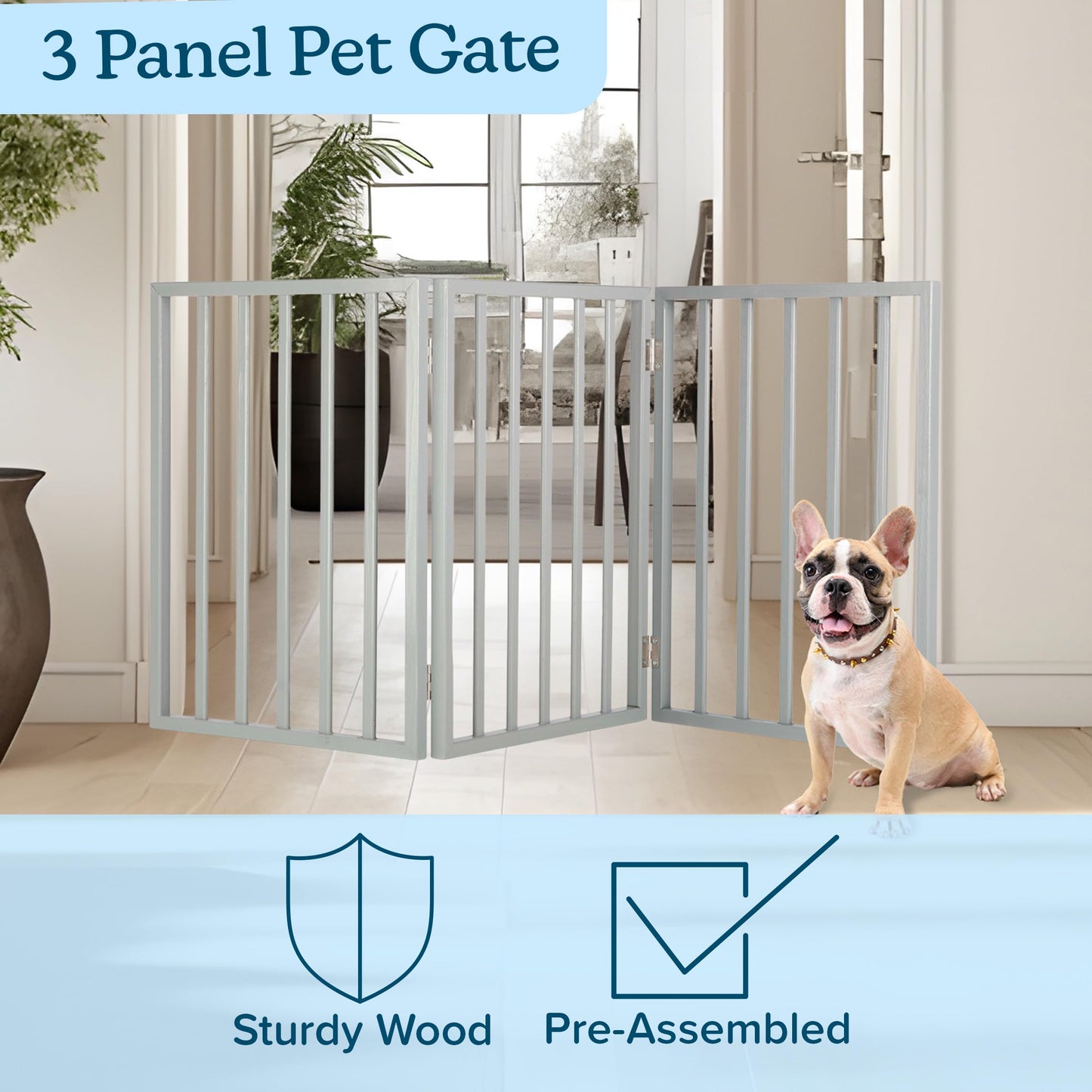 Pet Gate - 3-Panel Indoor Foldable Dog Fence for Stairs, Hallways, or Doorways - 54x24-Inch Retractable Wood Freestanding Dog Gates by PETMAKER (Gray)