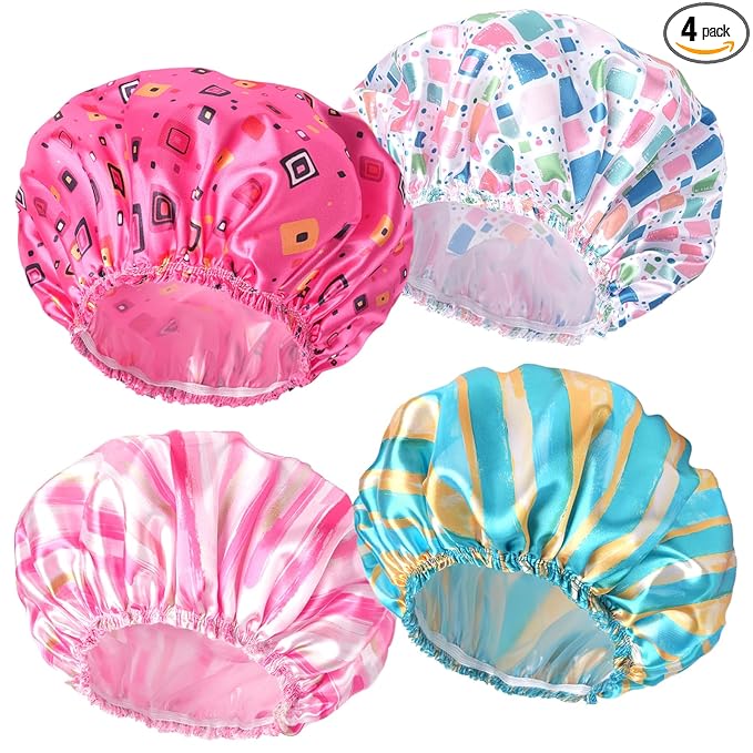4 PCS Shower Cap for Women, Elastic and Reusable Bath Caps, Double Layers Shower Caps Reusable Waterproof, Bathing Shower Caps, Environmental Bath Hair Protection Cap - Stripes