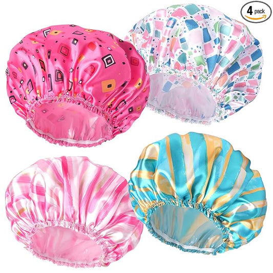 4 PCS Shower Cap for Women, Elastic and Reusable Bath Caps, Double Layers Shower Caps Reusable Waterproof, Bathing Shower Caps, Environmental Bath Hair Protection Cap - Stripes