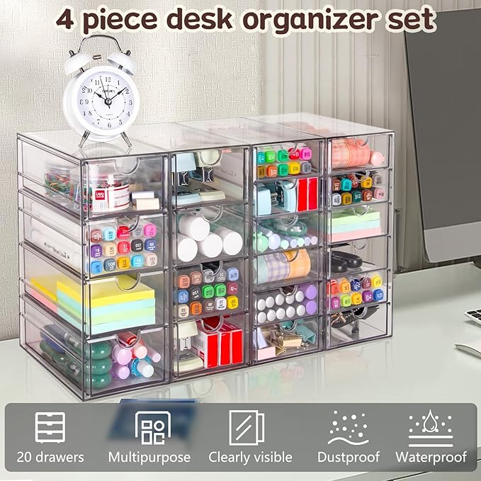 VZKAH Acrylic Organizer with Drawers | 20 Drawers 4 Sets | Desk Organizer and Storage, Clear Makeup Organization, For Office/Art Supply/Craft Storage and Organization