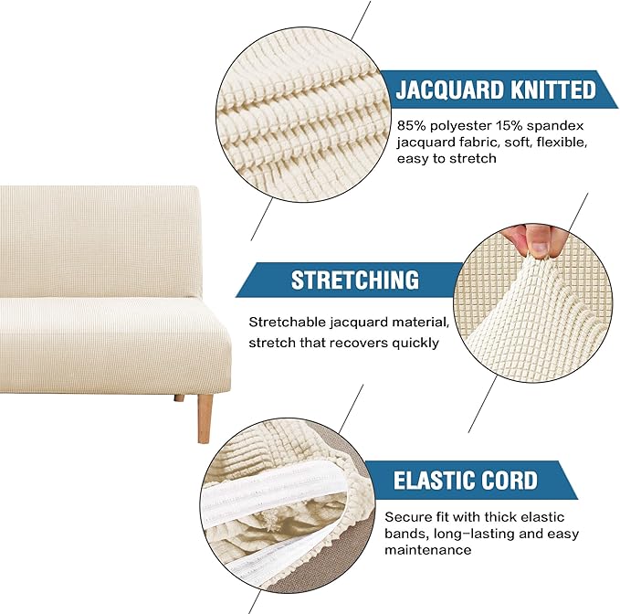 H.VERSAILTEX Armless Futon Cover Stretch Sofa Bed Slipcover Protector Elastic Feature Rich Textured High Spandex Small Checks Jacquard Fabric Futon Cover, Machine Washable, Natural