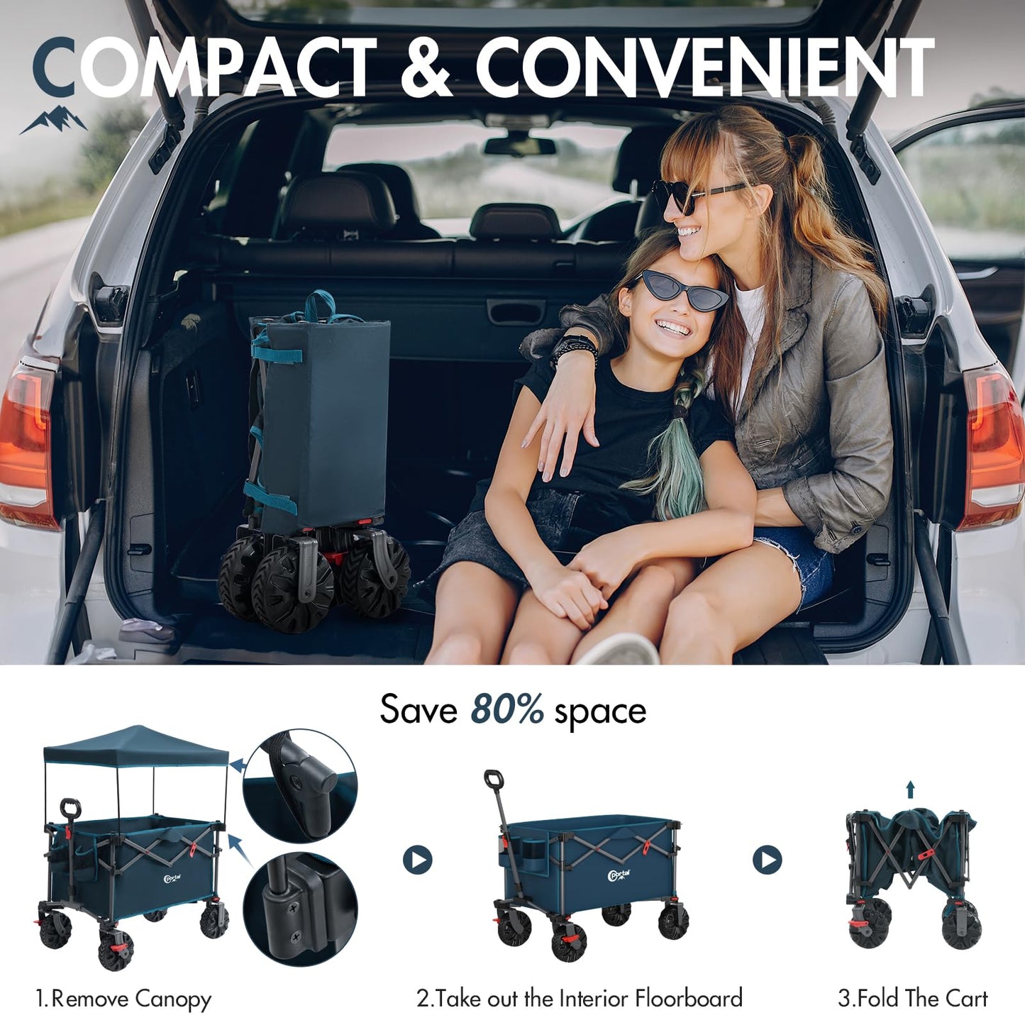 Portal 350L Collapsible Wagon Cart with Removable Canopy, 270LB Folding Utility Cart with Rear Door for Pet, Camping, Beach, and Outdoor Adventures