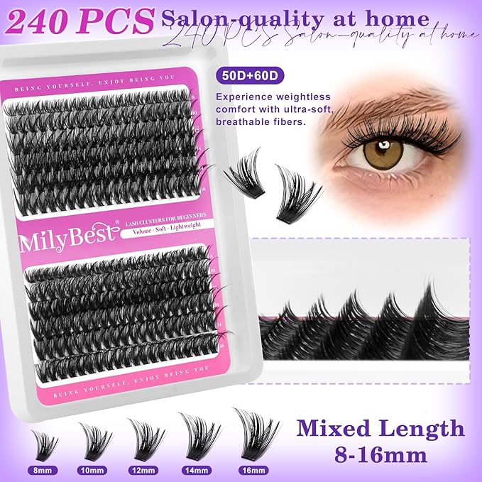 MilyBest Lashes Clusters Kit 684Pcs Bulk Wispy False Eyelash Extensions, Natural Lash Clusters D Curl Individual Eyelashes Volume, Wholesale 3 Large Packs with Lash Glue&Seal|Tweezers|Remover|Brush