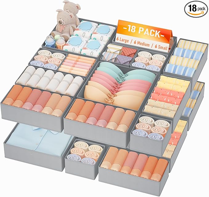 DIMJ Drawer Organizer Clothes Storage - 18 Pack Baby Dresser Organizer for Nursery, Foldable Closet Drawer Organizer Bins for Bedroom Organization, Fabric Storage Dividers for Socks, Underwears, Bras