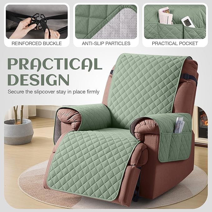 KinCam 100% Waterproof Recliner Chair Cover, Reclining Couch Covers for Pets, Dogs, Recliner Couch Slipcover Furniture Protector with Elastic Straps for Kids(23.6", Sage Green)