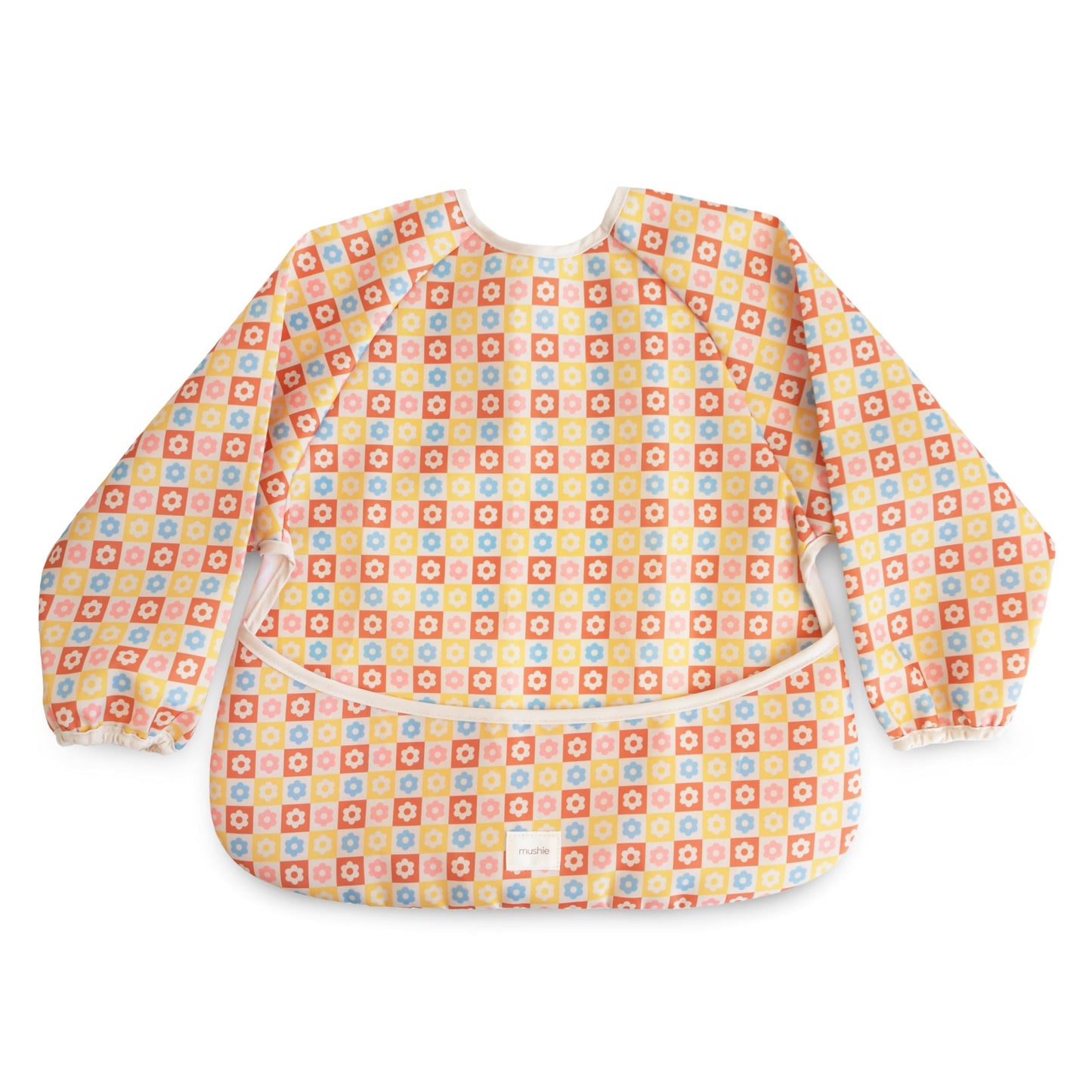mushie Long Sleeve Baby Bib | Water Resistant Adjustable Fit for Ages 6-24 Months (Happy Flowers Check)