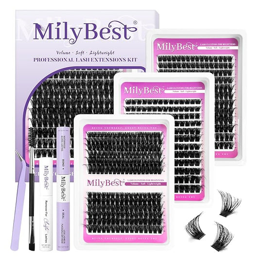 MilyBest Lash Clusters Kit 564Pcs Eyelash Clusters Lashes Wispy Cluster Eyelash Extensions Kit 3 Styles Fluffy Lashes Clusters 10-18mm Volume DIY Individual Eye Lash Clusters Lash Box with Bond&Seal