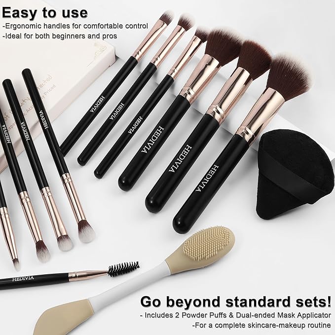 Black Makeup Brushes Set 14 Pcs Professional, Premium Synthetic Foundation Makeup Brush Concealer Powder Blush Eyeshadow Brushes with 2 Powder Puff & Dual-ended Mask Applicator.Gifts for Girls