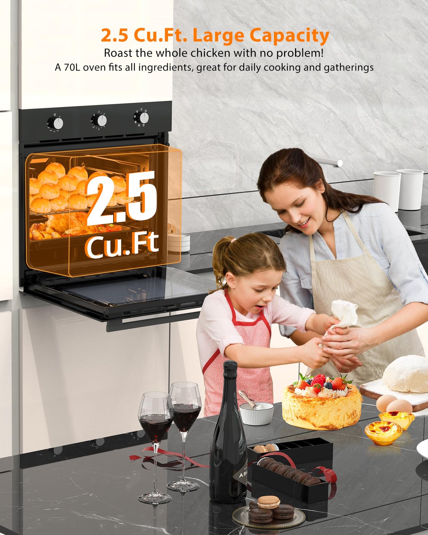 24 Inch Built-in Electric Single Wall Oven, 2.5 Cu.ft Stainless Steel Convection Oven with 8 Cooking Functions, Mechanical Knob Control, 500℉ Max Temperature, 3-Layer Tempered Glass Door