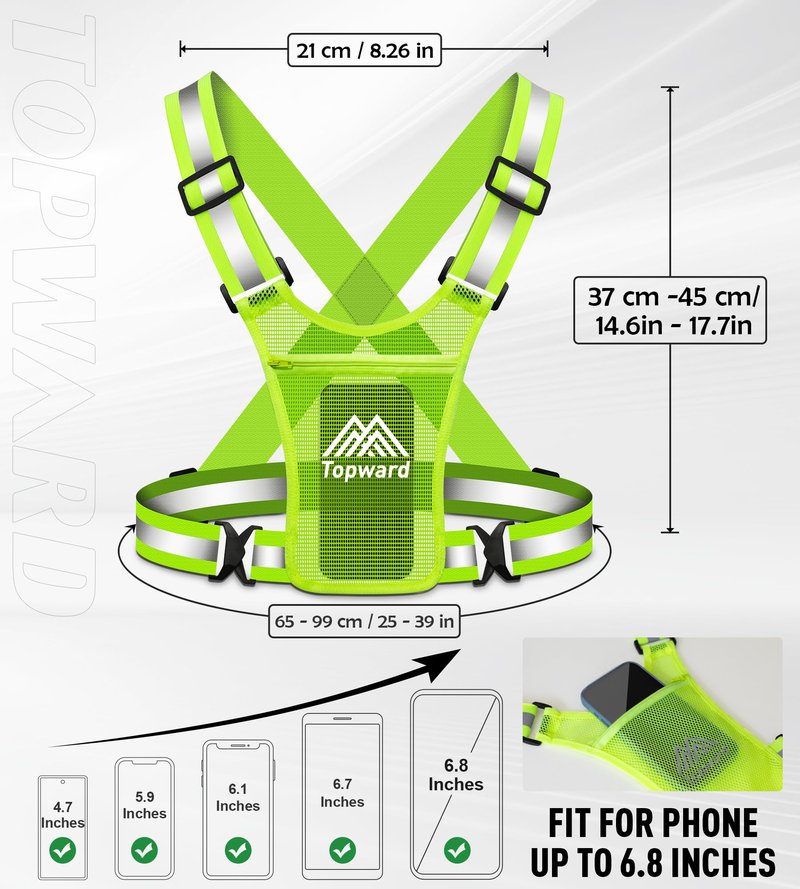 Topward Running Vest Chest Phone Holder for Women Men, Reflective Vest Safety Gear for Dog Walking Cycling - Adjustable Waist/Shoulder