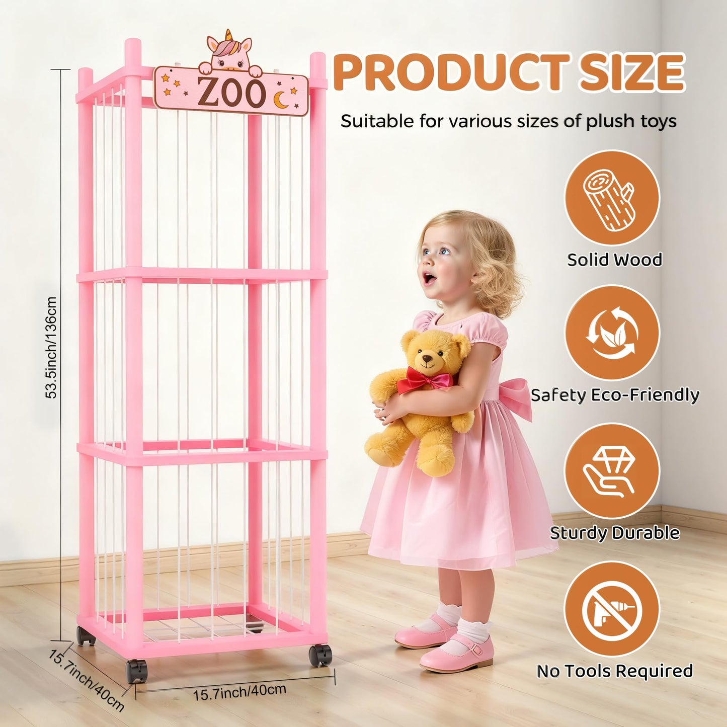 Vecxoty Stuffed Animal Storage Zoo Tower,56In Wooden Large Stuffed Animal Holder Organizer with Wheels,Stuffy Plushies Storage with Elastic Band&Mesh Bottom,Toy Organizers for Playroom Nursery（Pink）