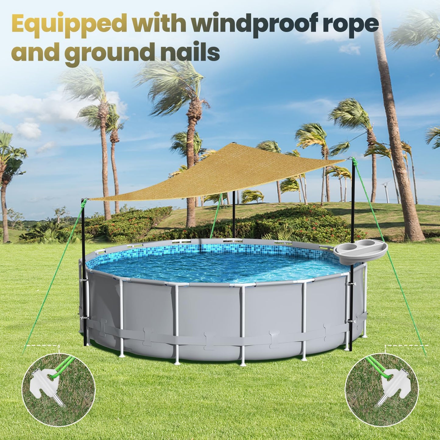 Calanofin Above Ground Pool Shade Set with Storage Tray – UV-Resistant Shade Sail for 15-22 Ft Pools, Outdoor Triangular Canopy with Sun Shade Poles for Deck, Backyard & Pool Essentials (13x13x13 Ft)