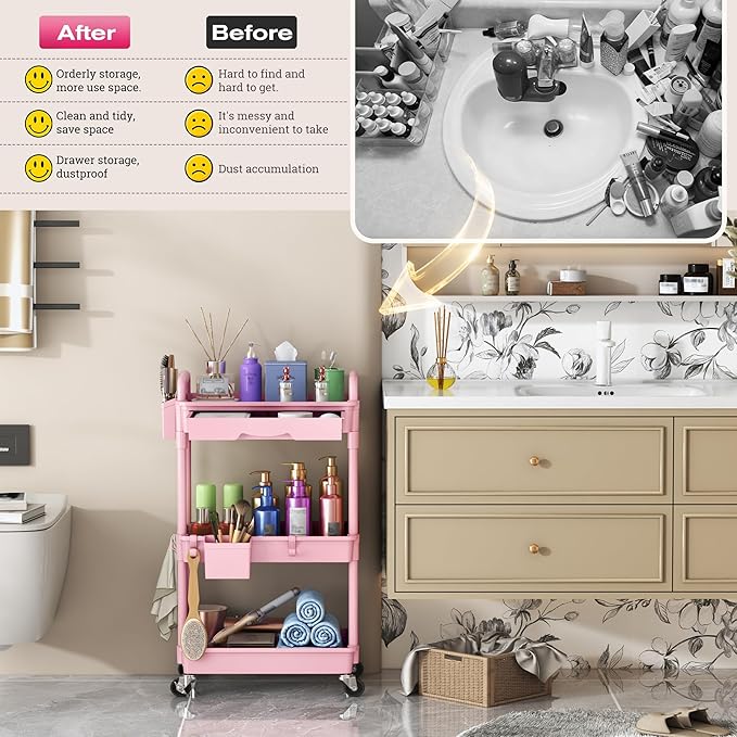 Goovilla Rolling Makeup Organizer Cart with Removable Drawer, 3 Tier Stable Pink Floor Skincare Storage Cart for Vanity, Cosmetic Display, Nail Polish, Perfume, Hair Stuff, Beauty, Bathroom(Plastic)