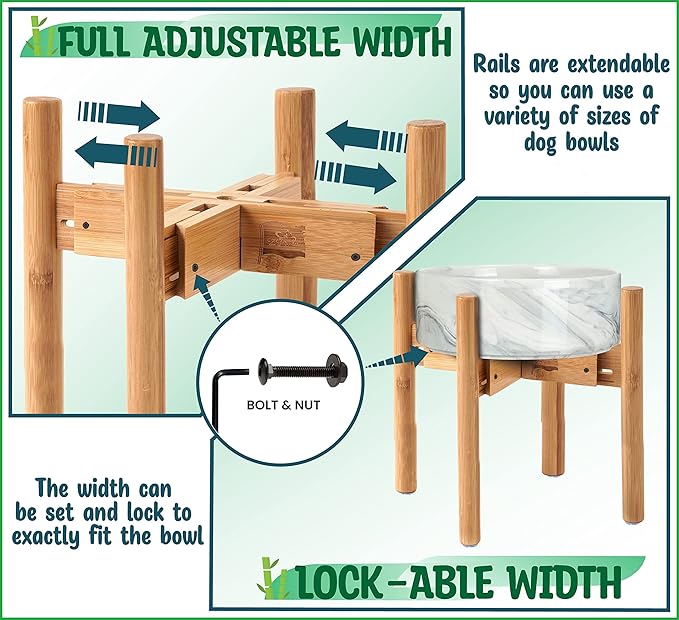 Dog Bowl Stand for Large Breed - Raise, Elevate Bowls to 14-inch High - Adjustable, Fits Any Single Pet Food/Water Feeders and Fountains - Durable Bamboo