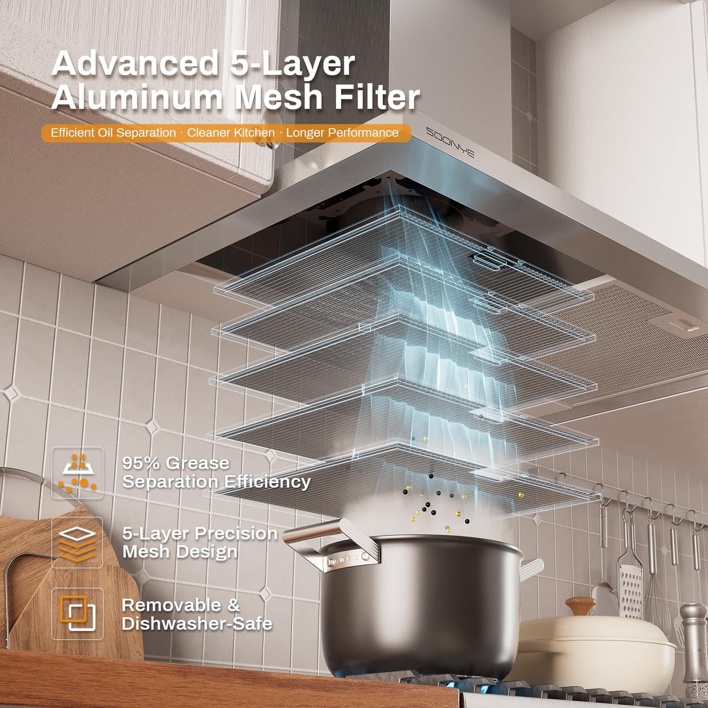 Soonye 30 Inch Wall Mount Range Hood Stainless Steel Ducted/Ductless Convertible Kitchen Exhaust Hood with 450 CFM Motor, 3 Speed Fan, LED Lighting and Dishwasher Safe Filters