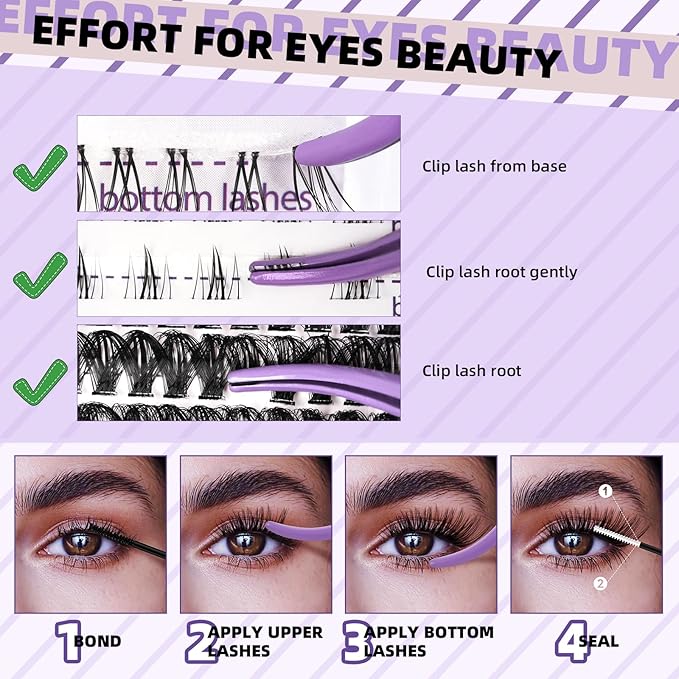 B&Qaugen Eyelash Extension Kit with Bottom Lash Extension 10-18mm 50D D Curl Lash Clusters Kit with Bottom Lashes DIY Lash Extension Kit Bond and Seal Lash Applicator (Kit-50D-D-MIX10-18)